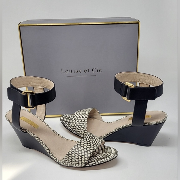Louise et Cie Black and White Wedge Shoes with Textured Design and Ankle Strap - Picture 10 of 14
